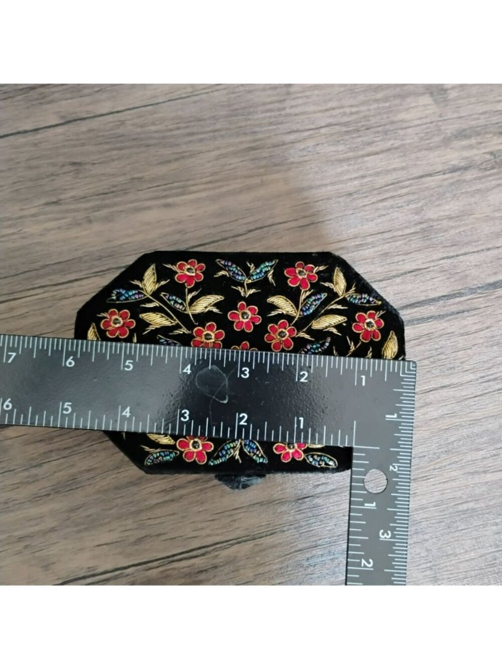Vintage Indian Zardozi Embroidered Black Velvet Jewelry Box, 6" Octagon Boho - Picture 5 of 11